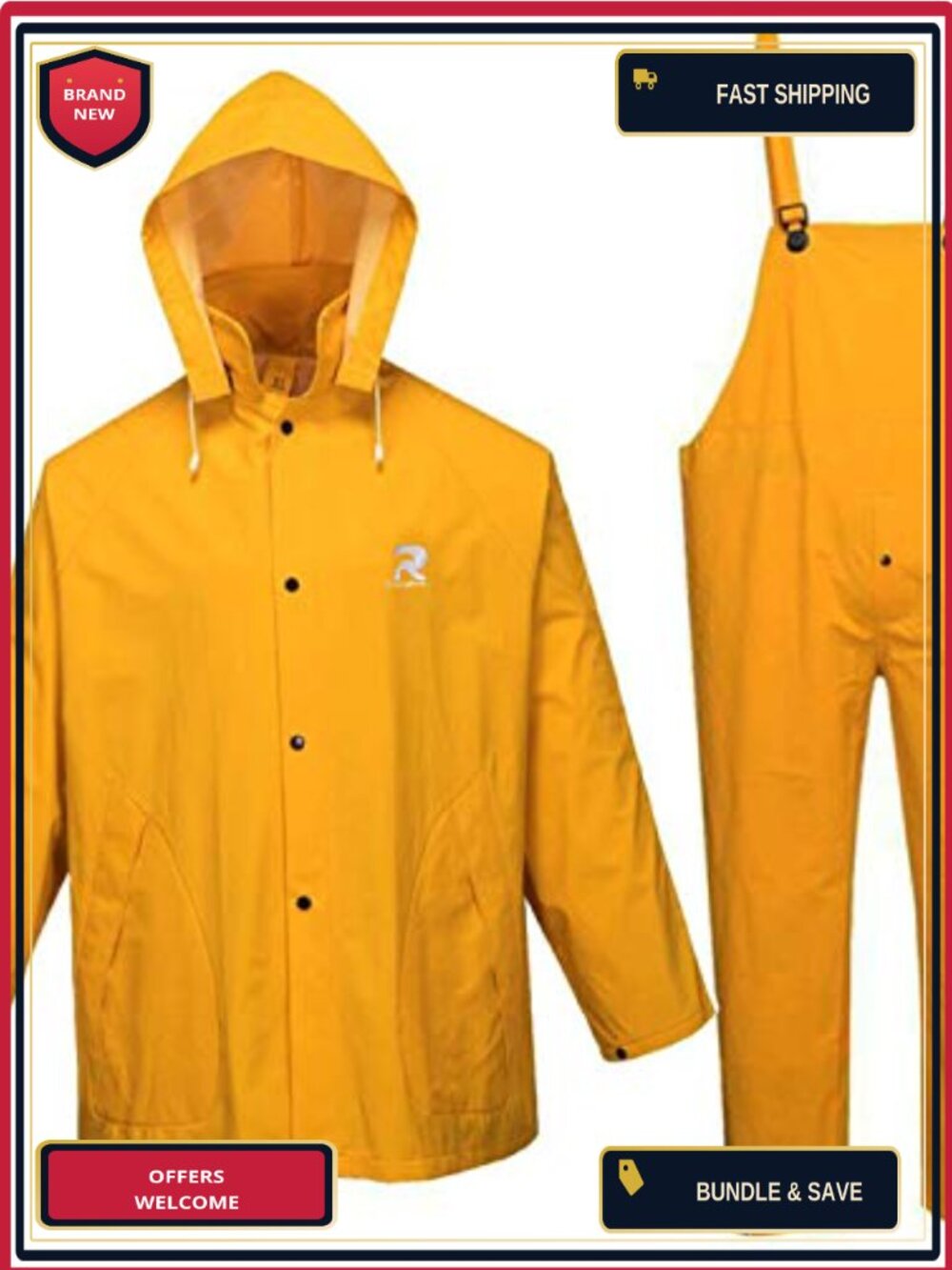 Heavy Duty Unisex 3-Piece Rain Suit Jacket with Bib Overalls Waterproof Work